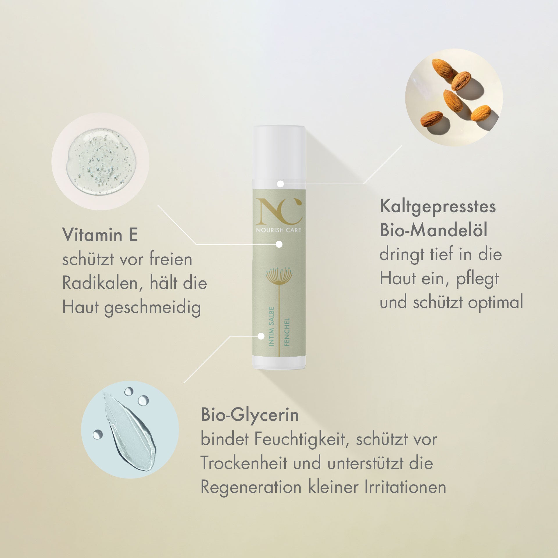 Intimcreme mit Vitamin E, Bio-Mandelöl und Bio-Glycerin für die Feuchtigkeit im Intimbereich
